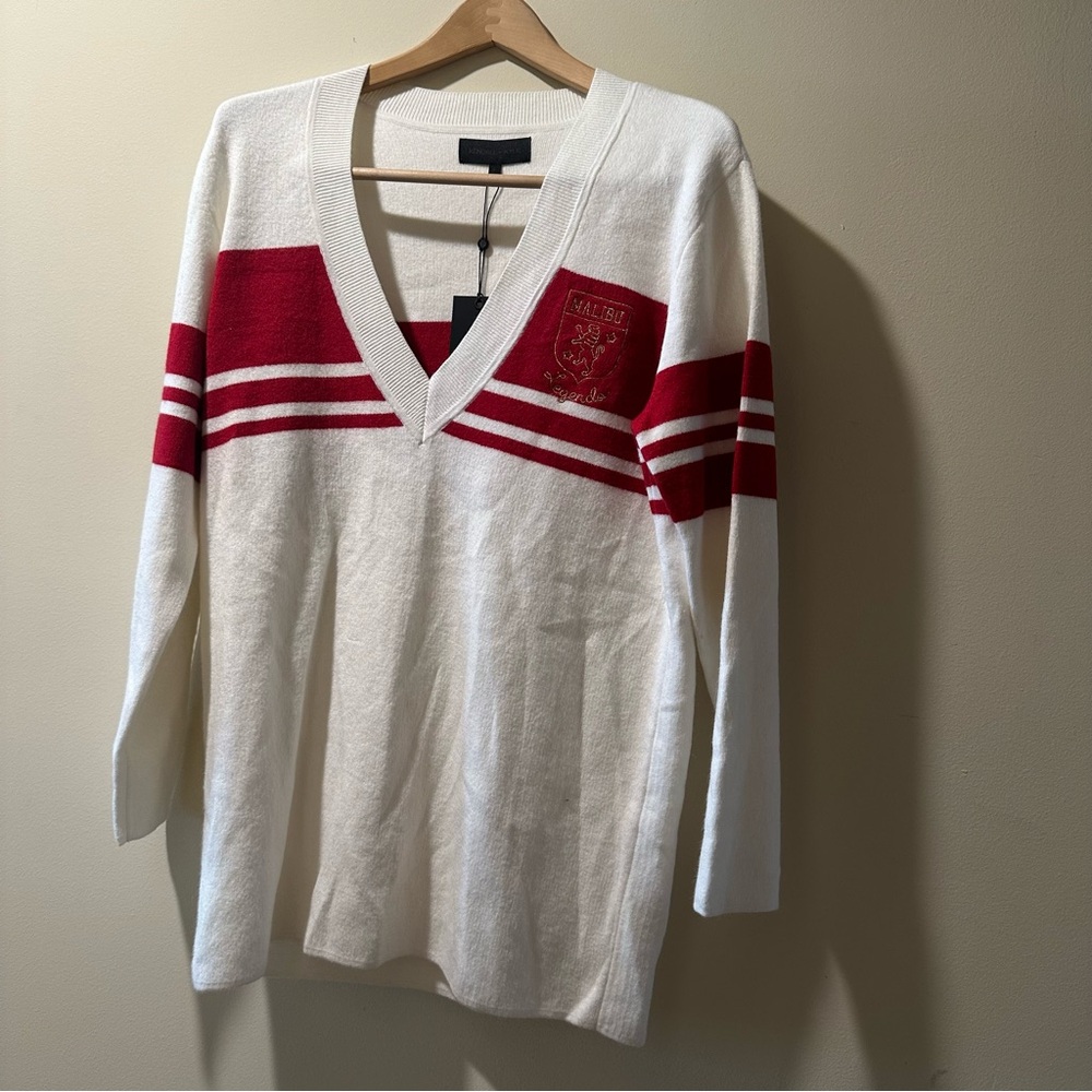 Kendall + Kyle Malibu V-Neck Sweater in Cream with Bold Red Accents